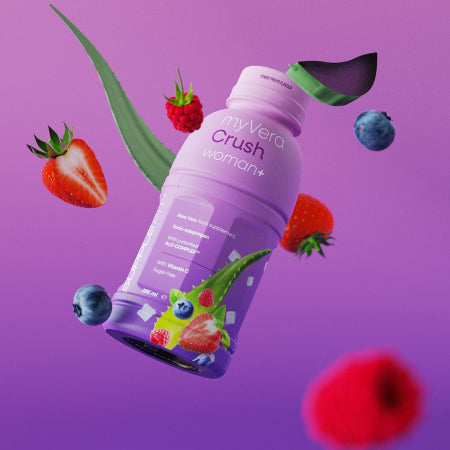 MYVERA CRUSH Woman + – tonisch-adaptogenes Nahrungsergänzungsmittel mit Aloe Vera, Vitamin C, Goji, Arginin und Taigawurzel zur Unterstützung von Durchblutung, Hormonhaushalt und Energie